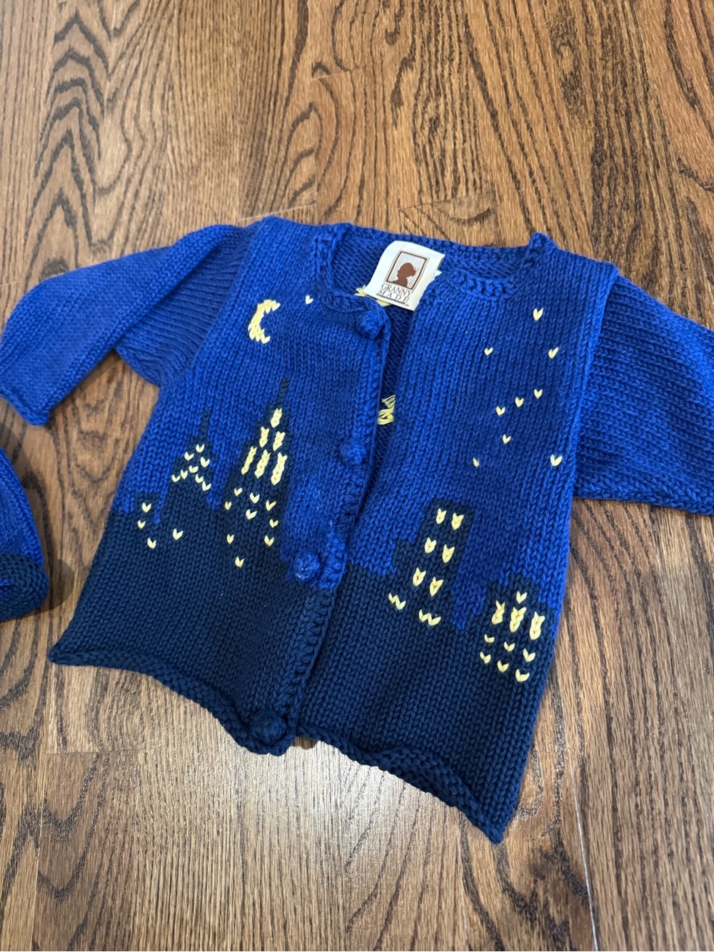 Granny Made Hand-Knit Blue Navy Cardigan with Yellow City Nightscape